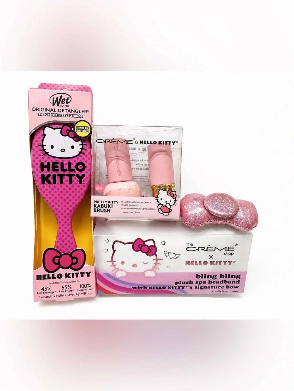 Hello Kitty 3pc Spa Gift Set Wet Brush Kabuki Brushes Headband